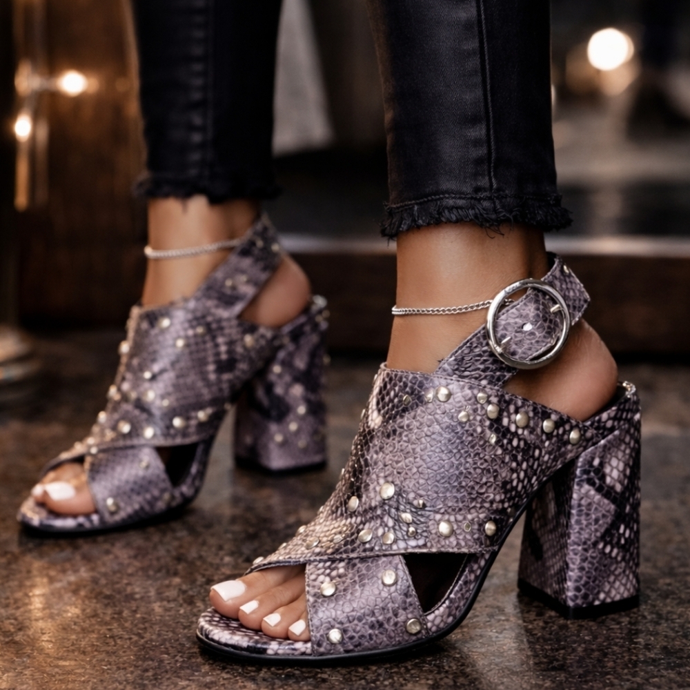 Topshop Nixie Y2K Revival Biker Chic Studded Leather Block Heel Sandal 7.5M